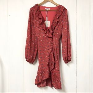 She + Sky Red Floral Boho Peasant Wrap Dress NWT